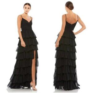 MAC DUGGAL Tiered Ruffle Empire Waist Chiffon Gown in Black Size US 2